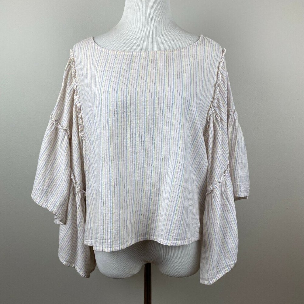 Hippie Laundry Top Women Large Stripe 3/4 Wide Bell Sleeve Ruffle Slight Cropped